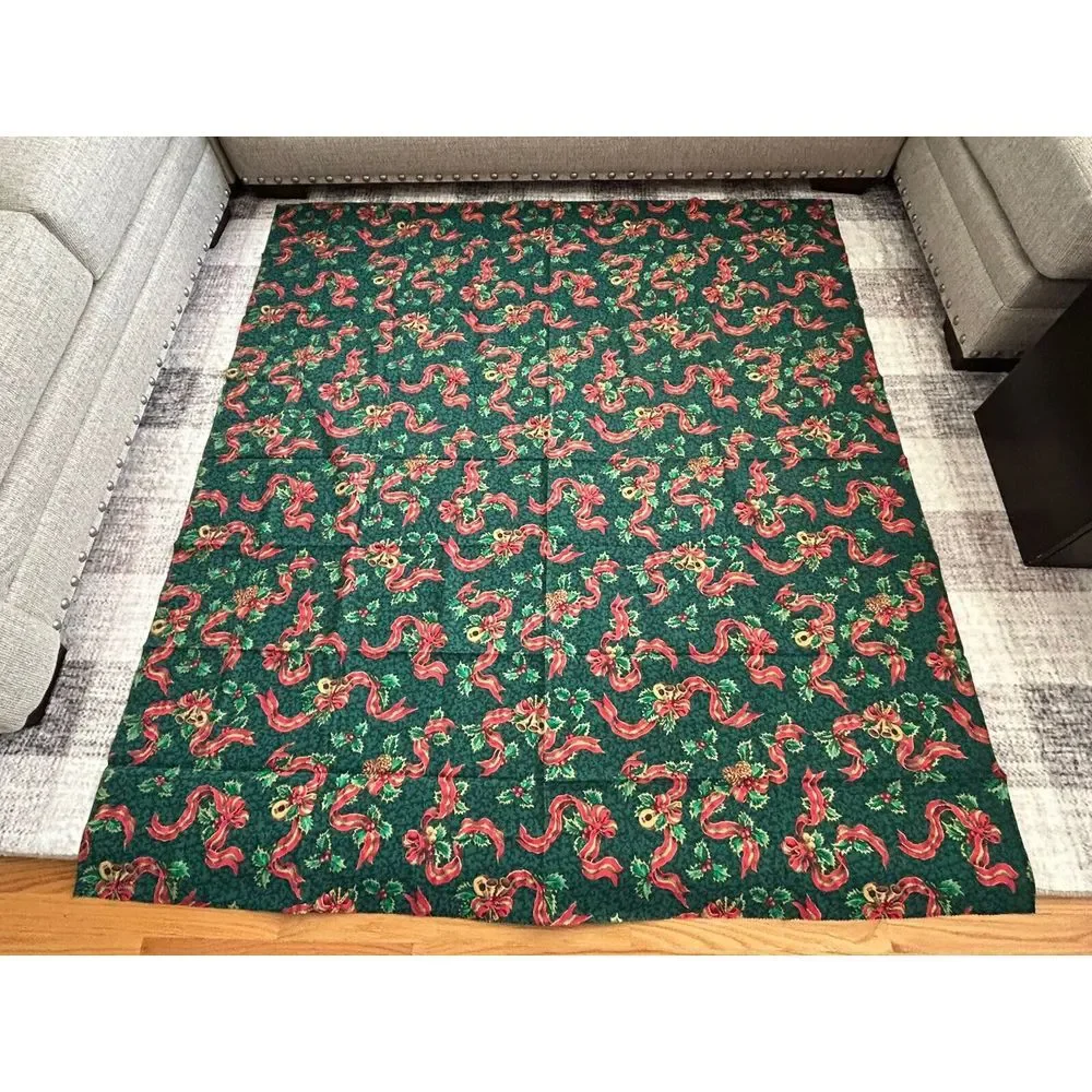 Christmas Fabric Remnant Green w/ Ribbon, Pine Cones, Musical Instruments Print